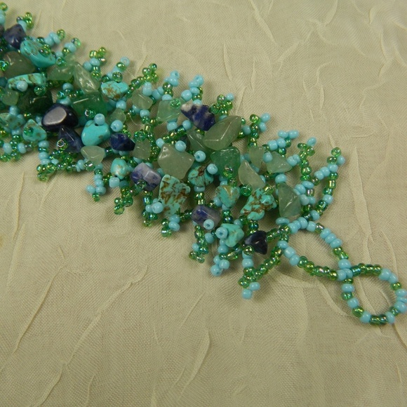 Artisan Woven Turquoise Green & Purple Gemstone Glass Bead Bracelet Boho Stateme - Picture 2 of 5